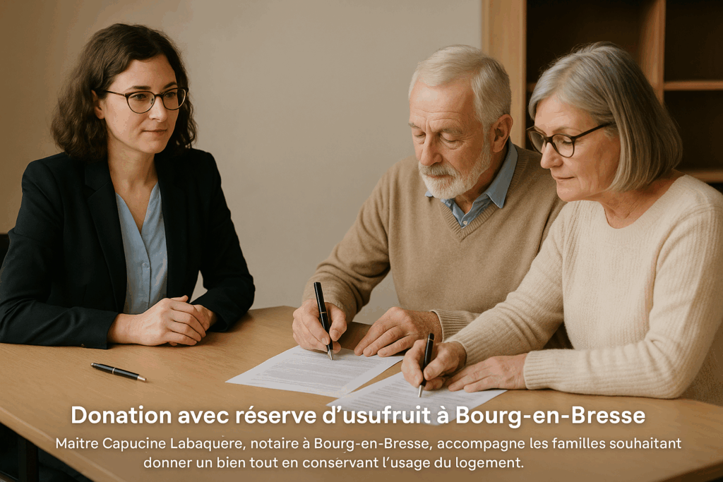 Un couple signe une donation avec réserve d’usufruit chez un notaire à Bourg-en-Bresse