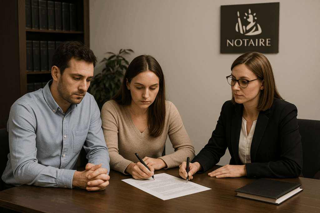 Un ex-couple signe un acte de désolidarisation de prêt immobilier dans une étude notariale à Bourg-en-Bresse