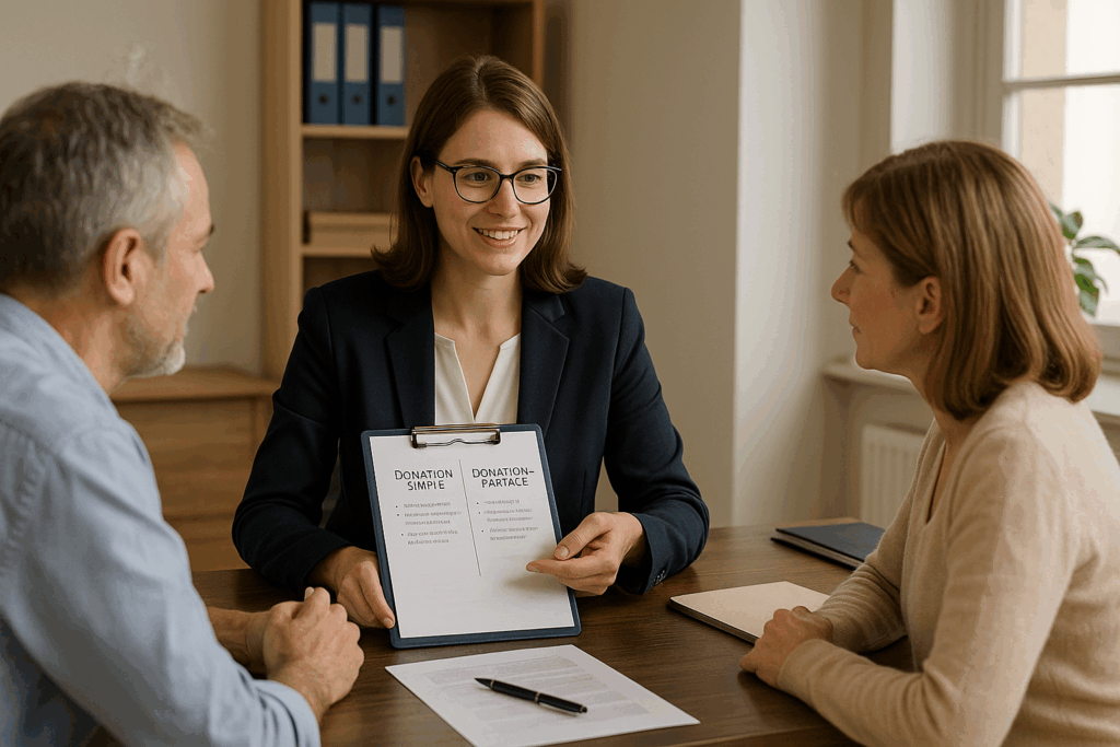 Notaire expliquant la différence entre donation simple et donation-partage à Bourg-en-Bresse