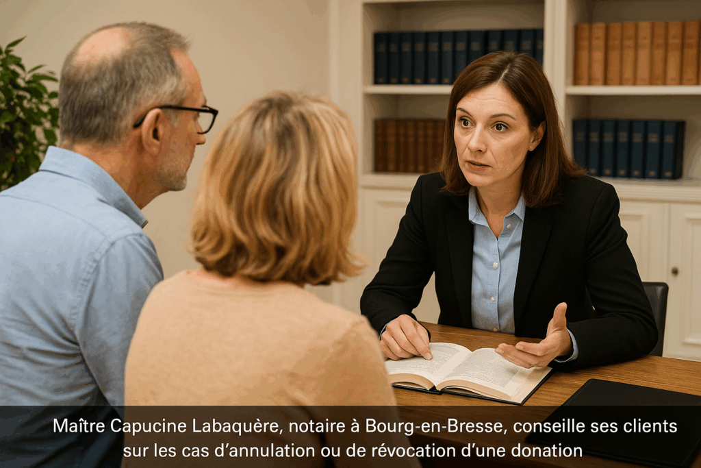 Un notaire explique à un couple les conditions d’annulation d’une donation à Bourg-en-Bresse