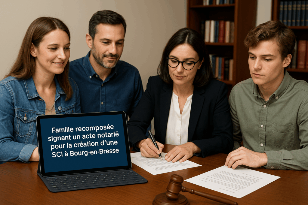 Famille recomposée signant un acte notarié pour la création d’une SCI à Bourg-en-Bress