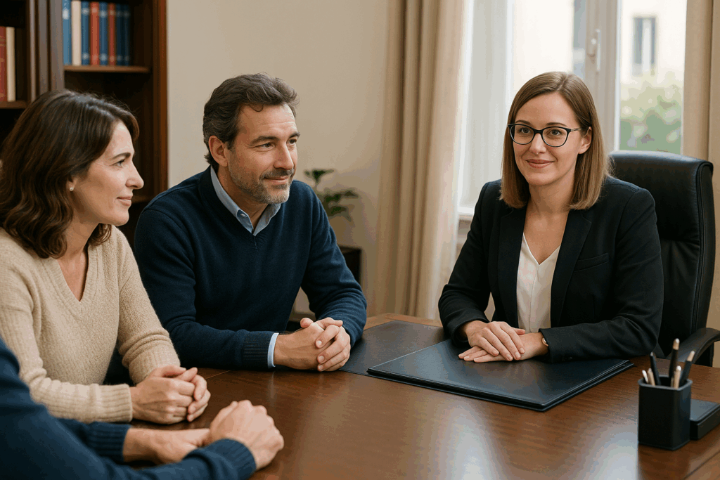Une notaire conseille une famille dans son étude à Bourg-en-Bresse pour choisir entre SCI à l’IS ou à l’IR