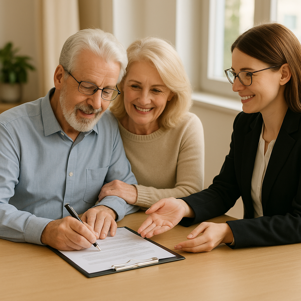 Un couple senior signe un contrat immobilier avec une notaire à Bourg-en-Bresse, illustrant un achat en viager accompagné par Maître Capucine Labaquère.
